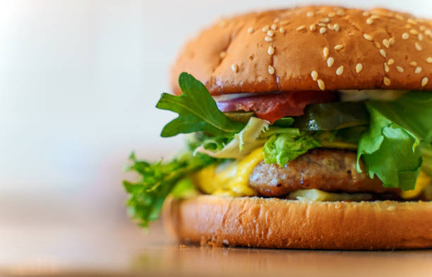 istock Rustic handmade hamburger on the wooden table. 1313953272