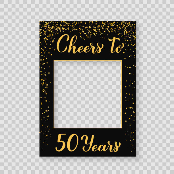 Cheers to 50 Years photo booth frame on a transparent background. 50th Birthday or anniversary photobooth props. Black and gold confetti party decorations. Vector template Cheers to 50 Years photo booth frame on a transparent background. 50th Birthday or anniversary photobooth props. Black and gold confetti party decorations. Vector template. selfie borders stock illustrations