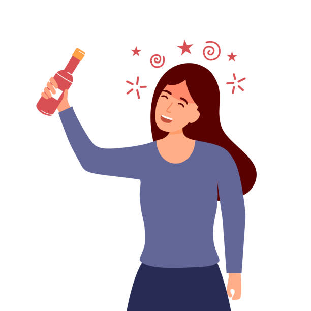 illustrazioni stock, clip art, cartoni animati e icone di tendenza di donna ubriaca con bottiglia di alcol nel design piatto della mano. bere birra dopo il lavoro. dipendenza da alcol. - alcoholism drunk hangover grief