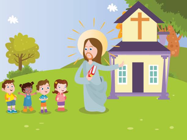 Jesus Leads Kids To Church Cartoon 2d Stock Illustration - Download Image  Now - Backgrounds, Church, Adult - iStock