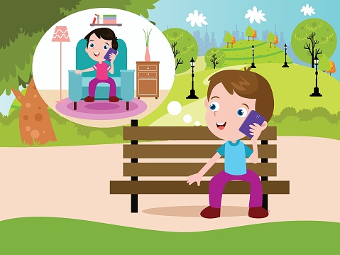 Kids Talking On Mobile Phone Cartoon 2d Stock Illustration - Download Image  Now - Addiction, Adult, Backgrounds - iStock