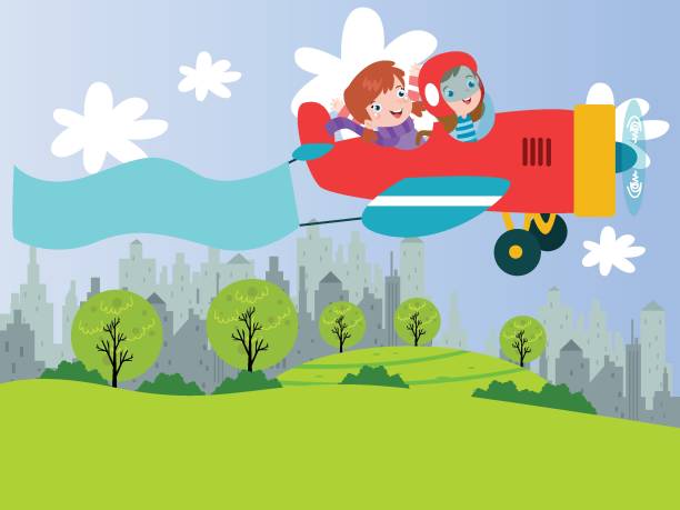 istock Kids on an airplane with an empty banner for copy space cartoon 2d 1313955169