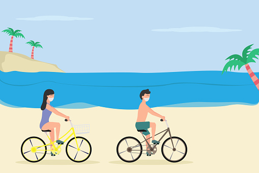 Holiday in new normal vector concept: Young couple cycling together in the beach while enjoying leisure time