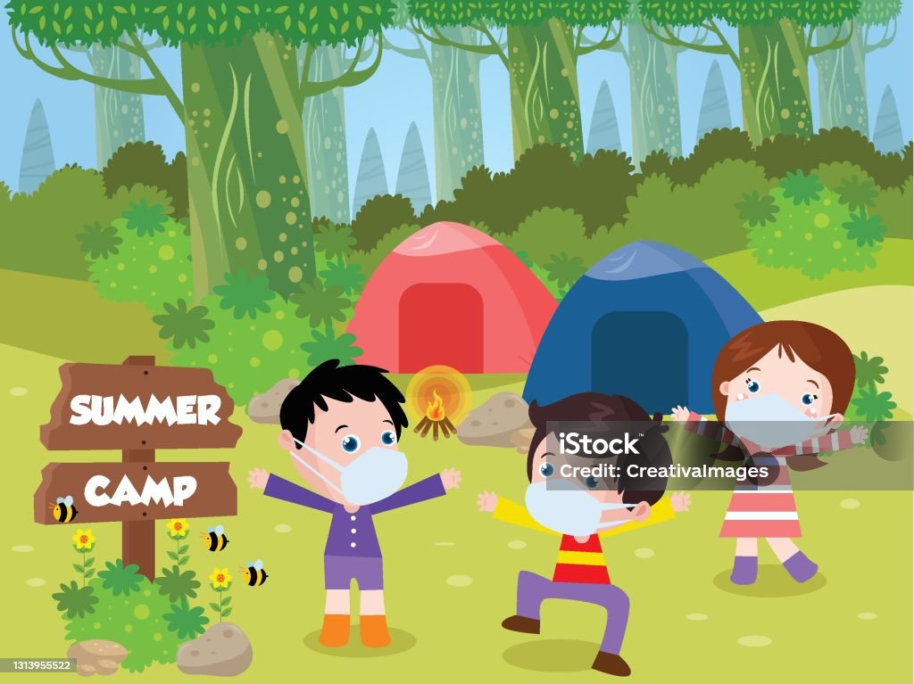 Kids Wearing Face Mask At Summer Camp Cartoon Vector Stock Illustration -  Download Image Now - iStock