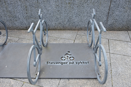 Stavanger, Norway: A winter city centre view from Stavanager in Norway with a bicycle parking space with a design promoting cycling in the city