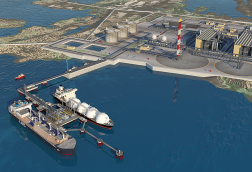 Sea port with two gas carriers, mooring outrigger, coastal zone, LNG plant,  berth of auxiliary vessels  and with the location. 3d-rendering