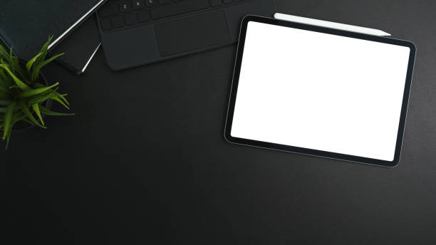 istock Top view of modern dark workspace with digital tablet, house plant, notebook and copy space on black leather. 1313957292