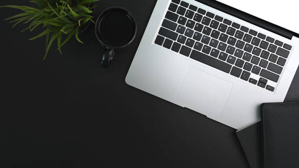 istock Above view of modern workspace with computer laptop, notebook, coffee cup and house plant on black leather. 1313958367