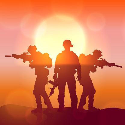 Silhouette of a soldiers against the sunrise. Concept - protection, patriotism, honor. Armed forces of Turkey, Israel, Egypt and other countries. EPS10 vector.