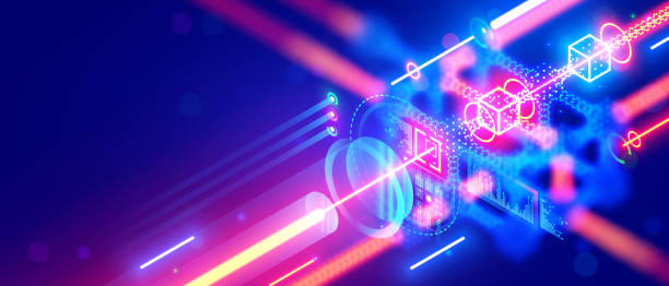 Quantum computing. Close up of optical cpu process light signal. Quantum computer of glowing qubits. Laser ray signal transmitting digital signal in chip or processor. Abstract technology background. vector art illustration