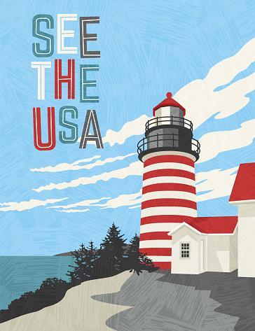 Retro style travel poster design for the United States. Scenic image of a lighthouse on the coast. Limited colors, no gradients. Vector illustration.