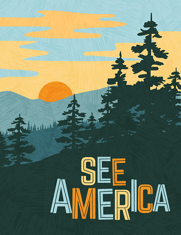 Retro style travel poster design for the United States. Scenic image of mountains and pine trees at sunset. Limited colors, no gradients. Vector illustration.