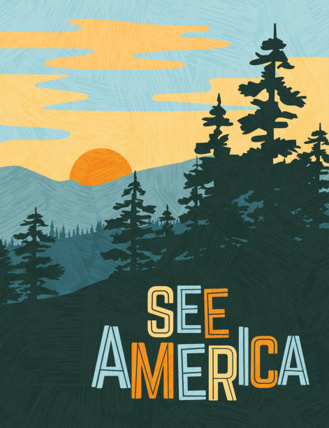 Retro style travel poster design for the United States. Scenic image of mountains and pine trees at sunset. Retro style travel poster design for the United States. Scenic image of mountains and pine trees at sunset. Limited colors, no gradients. Vector illustration. appalachian mountains stock illustrations