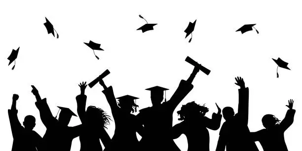 Vector illustration of Happy graduate students with graduating caps and diploma or certificates, silhouette of group of people. Graduation event. Vector illustration