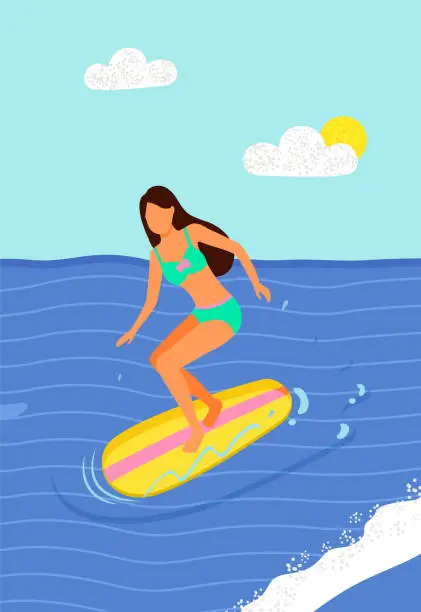 Vector illustration of Woman Surfboarder Riding on Board in Sea or Ocean