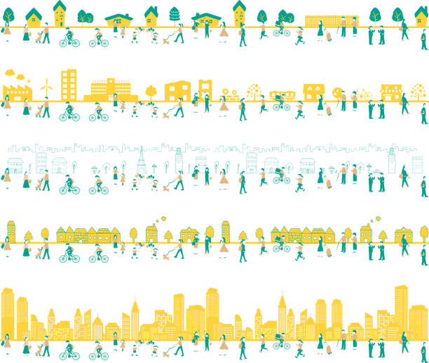 иллюстрация набор города, города, заводской площади и образа жизни людей - townscape stock illustrations