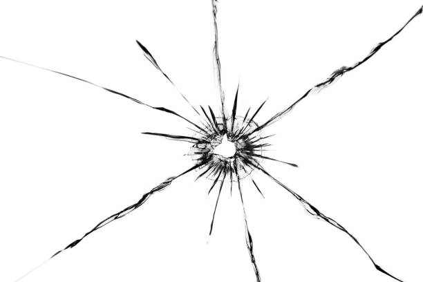 武器のショットから割れたガラスに亀裂の影響。弾丸のガラスの穴。 - bullet hole glass cracked hole ストックフォトと画像