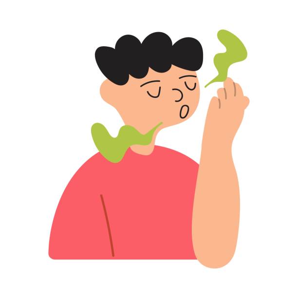 Boy checks smell from his mouth. Vector illustration on white background. clip art of a yuck mouth stock illustrations