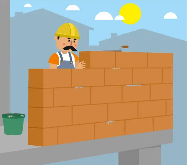 Vector illustration of The worker is building a wall