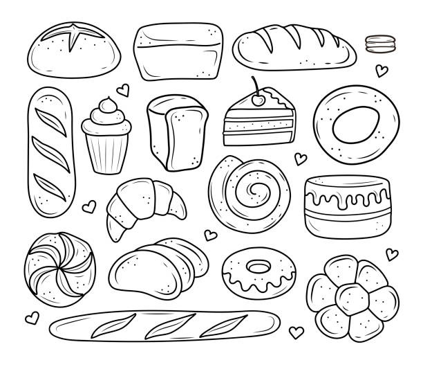 wyroby piekarnicze rysowane w stylu doodle. czarno-biały chleb, ciasto, monchik, rogalik. ilustracji wektorowej na białym tle. - bagel bread isolated baked stock illustrations