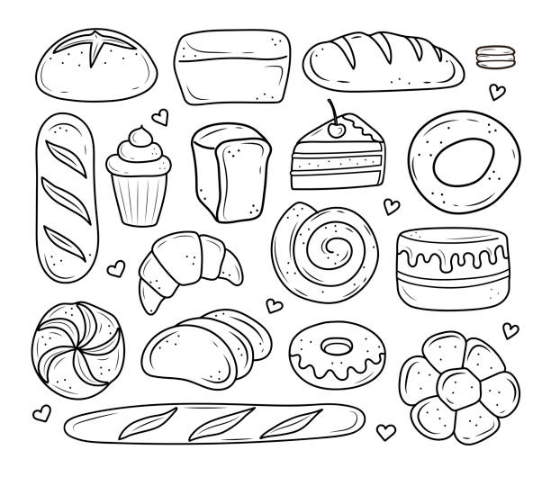 ilustrações de stock, clip art, desenhos animados e ícones de bakery products drawn in the style of doodle. black and white bread, cake, monchik, croissant. vector illustration on a white background. - pão ilustrações