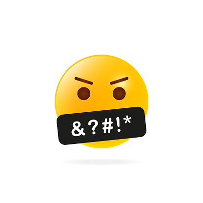 Yellow Angry Face Emoji. Obscene Language. Swearing or Vulgar Word on black bar. Bad Word and Behaviour. Swearing Emoticon icon. Emoji icon with Censored black bar. Vector illustration.