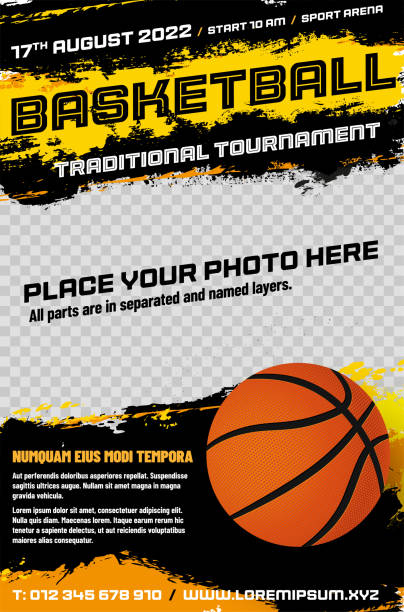 ilustraciones, imágenes clip art, dibujos animados e iconos de stock de plantilla de póster del torneo de baloncesto con bola y lugar para la foto - basketball