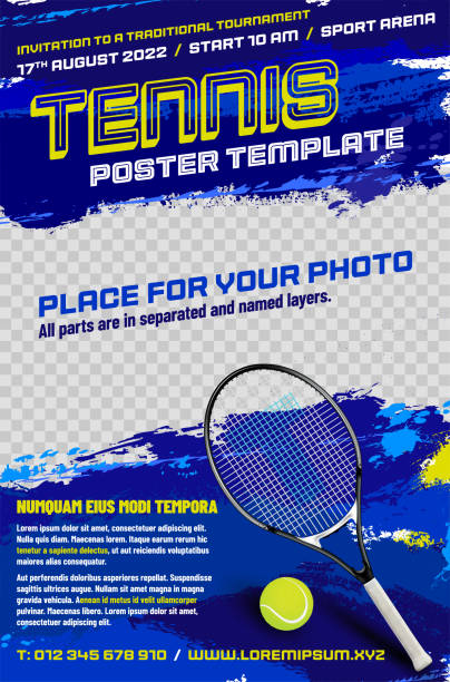 szablon plakatu tenisowego z rakietą i piłką - tennis ball tennis racket tennis vertical stock illustrations