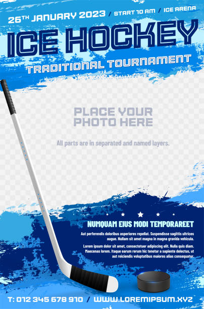 illustrazioni stock, clip art, cartoni animati e icone di tendenza di modello poster torneo hockey su ghiaccio con bastone e disco - hockey su ghiaccio