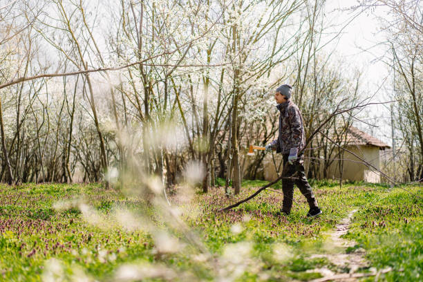istock Full Length Of Man Holding Axe Amidst Trees In Spring 1313975130