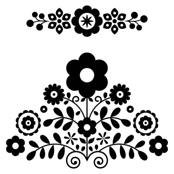 Vector illustration of Polish folk art vector design elements in black and white inspired by floral embroidery Lachy Sadeckie from Nowy Sacz in Poland