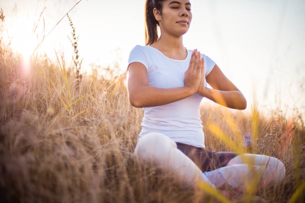 istock Girl exercising yoga in nature. 1313980452