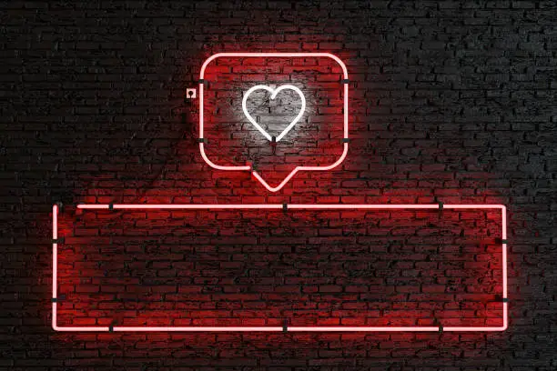 Photo of neon notification box with heart and empty rectangle. copy space