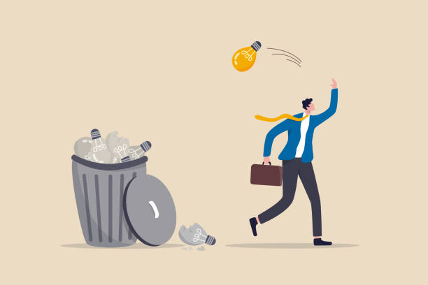 Wasted unworkable ideas, business failure or too many abandoned projects concept, frustrated businessman throw away lightbulb idea into full of junk idea in basket bin. Wasted unworkable ideas, business failure or too many abandoned projects concept, frustrated businessman throw away lightbulb idea into full of junk idea in basket bin. defection stock illustrations