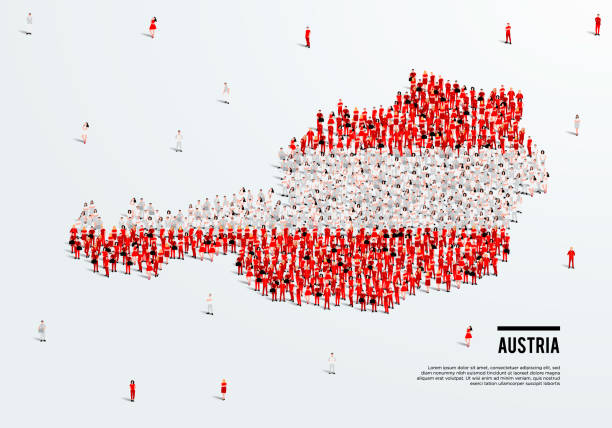 istock Austria Map and Flag. A large group of people in the Austrian flag color form to create the map. Vector Illustration. 1313984638