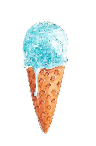 istock Hand drawn watercolor tasty blue Ice cream cone 1313984705