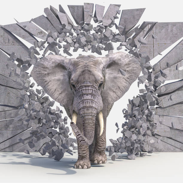 big African elephant destroys a wall. 3d render.