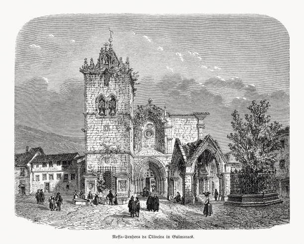ilustrações de stock, clip art, desenhos animados e ícones de church of nossa senhora da oliveira, guimarães, portugal, woodcut, 1868 - guimaraes