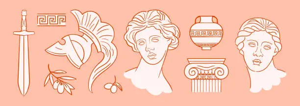 Vector illustration of Peach sticker set in modern ancient greek style. Marbles women heads and antique elements