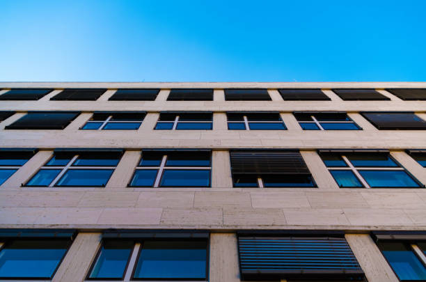 Berlin, Germany - August 6, 2018: Low angle view of the Shell-Haus, a federal government office, against a clear sky.
