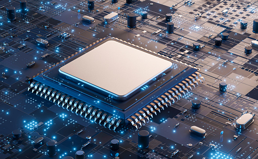 Closeup of electronic circuit board with CPU microchip electronic components futuristic big data connection technology concept .