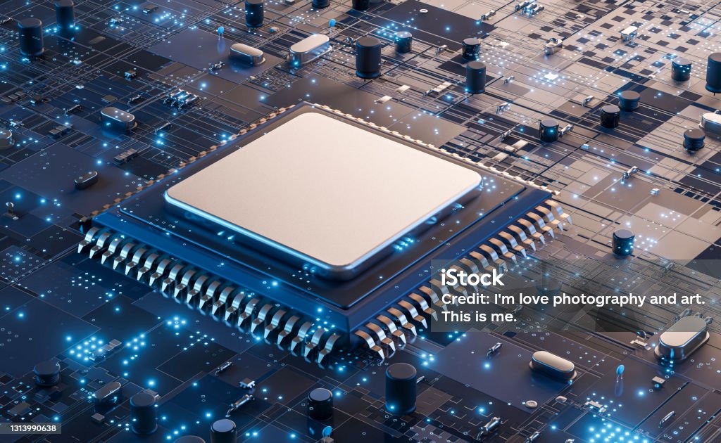 Closeup of electronic circuit board with CPU microchip electronic components futuristic big data connection technology concept . CPU Stock Photo