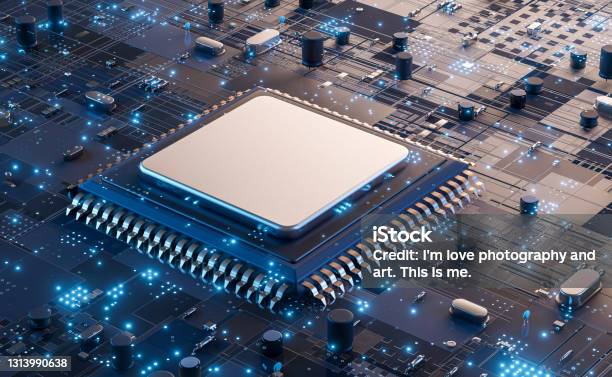 Closeup Of Electronic Circuit Board With Cpu Microchip Electronic Components Futuristic Big Data Connection Technology Concept Stock Photo - Download Image Now