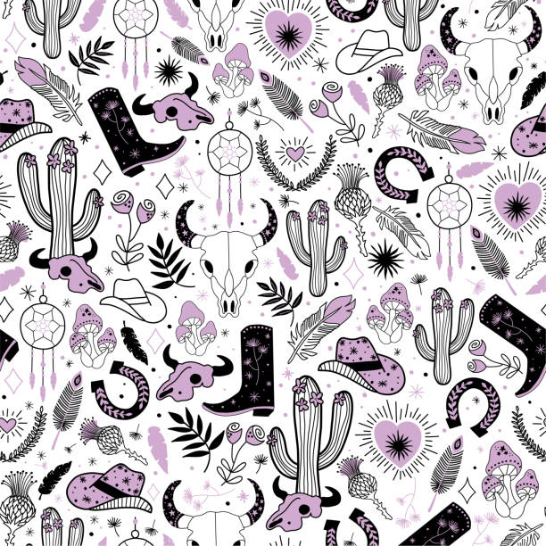 Cowgirl seamless vector pattern. Western rodeo boho repeating background black line art. Cowboy boots, cowgirl hat, cactus, dessert, skull bohemian feathers, plants, horseshoe isolated for fabric Cowgirl seamless vector pattern. Western rodeo boho repeating background black line art. Cowboy boots, cowgirl hat, cactus, dessert, skull bohemian feathers, plants, horseshoe isolated for fabric. texas illustrations stock illustrations