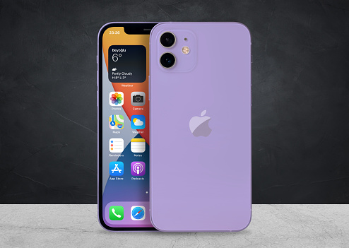 Antalya, Turkey - April 22, 2021: Newly released iphone 12 purple color mockup set with different angles