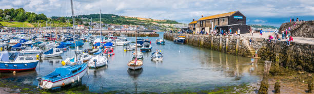 turistas em lyme regis ocupado porto marina panorama dorset uk - the cobb - fotografias e filmes do acervo