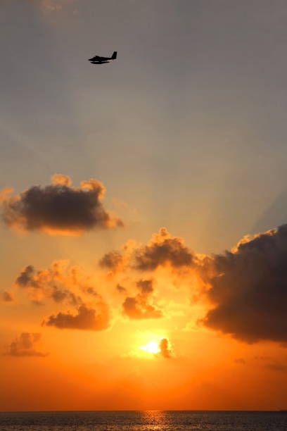 istock Sunset on Maldives island with seaplane. 1313993068