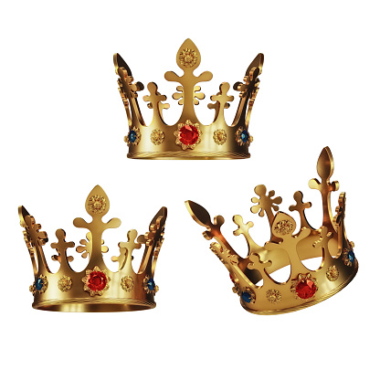 Golden crowns isolated on white background. 3D illustration