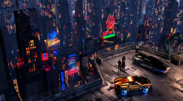 Futuristic Cyberpunk Night City Scene. Abstract Background Futuristic cyberpunk night city scene. 3D illustration cyberpunk stock pictures, royalty-free photos & images