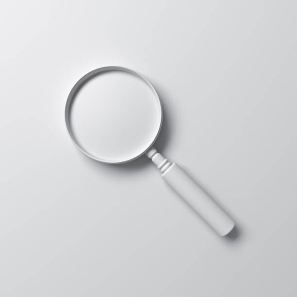 lente d'ingrandimento astratta isolata su sfondo bianco con concetto minimo ombra - magnifying glass foto e immagini stock
